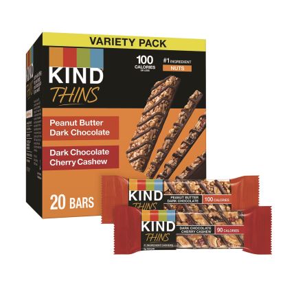 Thins Bar Variety Pack, Dark Chocolate Cherry Cashew; Peanut Butter Dark Chocolate, 0.74 oz, 20/Box1