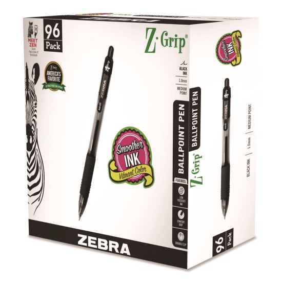 Z-Grip Ballpoint Pen, Retractable, Medium, 1 mm, Black Ink, Clear/Black Barrel, 96/Pack1