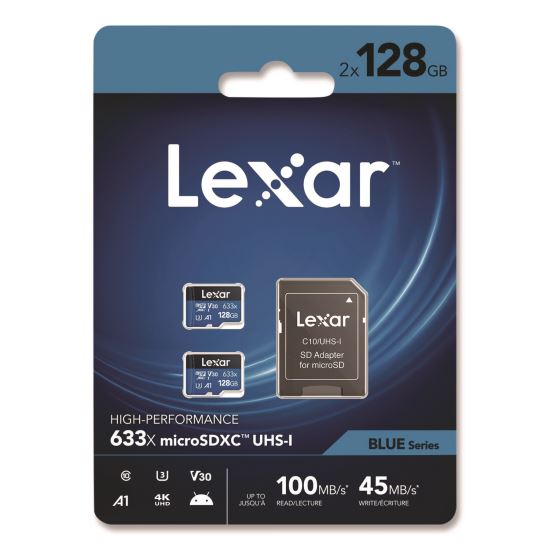 High Performance BLUE Series microSDXC Memory Card with Adapter, UHS-I V30 U1 Class 10, 128 GB, 2/Pack1