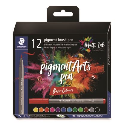 Pigment Brush Pen Set, Medium-Firm, Assorted Basic Colors, 12/Pack1