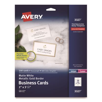 Business Cards with Metallic Gold Borders, Inkjet/Laser, 2 x 3.5, White, 100 Cards, 10 Cards/Sheet, 10 Sheets/Pack1