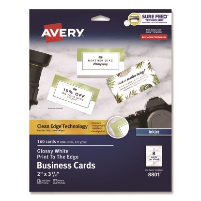 Print to the Edge Business Cards with Sure Feed Technology, 2 x 3.5, White, 160 Cards, 8/Sheet, 20 Sheets/Pack1