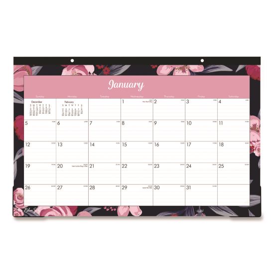 Mimi Pink Desk Pad Calendar, Floral Artwork, 17 x 11, White/Pink/Black Sheets, Black Headband, 12-Month (Jan to Dec): 20251