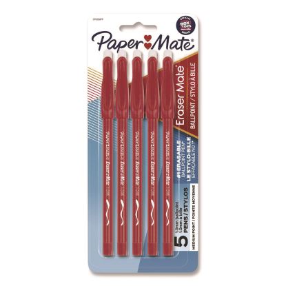 Eraser Mate Ballpoint Pen, Stick, Medium 1 mm, Red Ink, Red Barrel, 5/Pack1