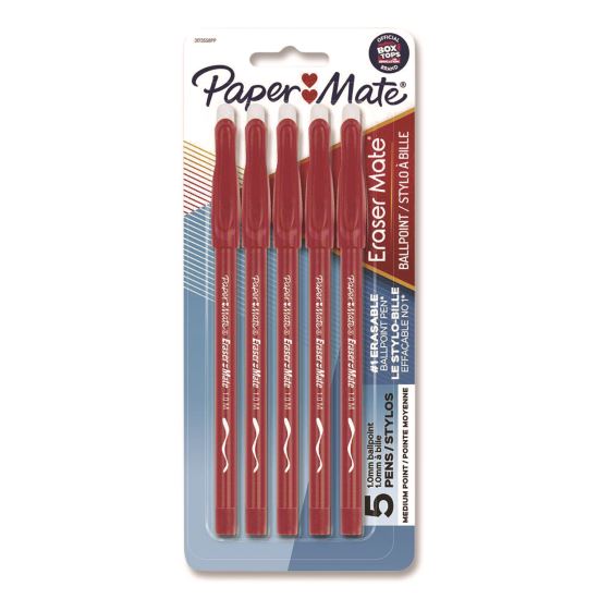 Eraser Mate Ballpoint Pen, Stick, Medium 1 mm, Red Ink, Red Barrel, 5/Pack1