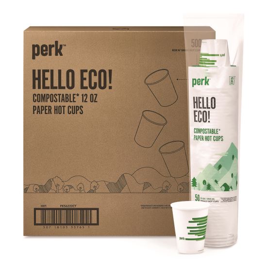 Eco-ID Compostable Paper Hot Cups, 12 oz, White/Green, 500/Carton1