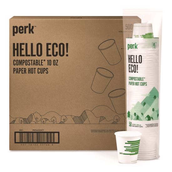 Eco-ID Compostable Paper Hot Cups, 10 oz, White/Green, 500/Carton1