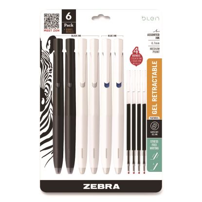 bLen Gel Pen, Medium 0.7 mm, Black; Blue Ink, White; Black Barrel, 6/Pack1