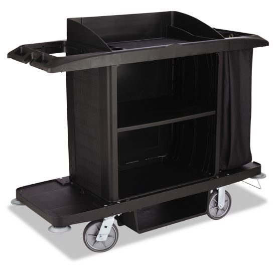 Housekeeping Cart, Plastic, 3 Shelves, 2 Bins, 22" x 60" x 50", Black1