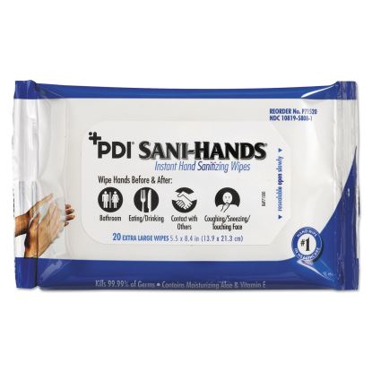 PDI Sani-Hands Instant Hand Sanitizing Wipes, 1-Ply, 5.5 x 8.4, White, 20/Pack, 48 Packs/Carton1