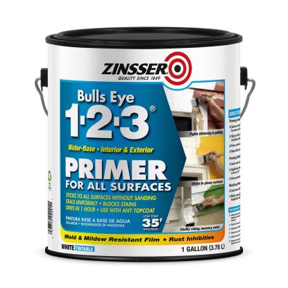 Bulls Eye 1-2-3 Water-Base Primer, Interior/Exterior, Flat White, 1 gal Bucket/Pail, 4/Carton1