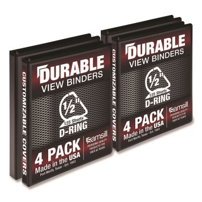 Durable D-Ring View Binders, 3 Rings, 0.5" Capacity, 11.5" x 8.5", Black, 4/Pack1