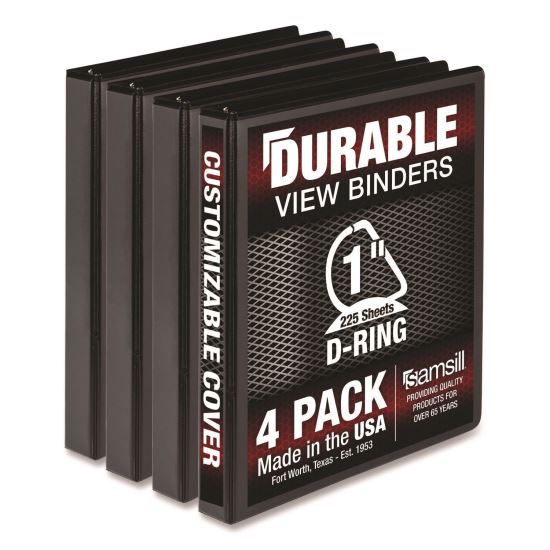 Durable D-Ring View Binders, 3 Rings, 1" Capacity, 11.5" x 8.5", Black, 4/Pack1