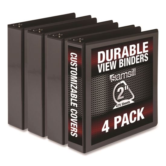 Durable D-Ring View Binders, 3 Rings, 2" Capacity, 11.5" x 8.5", Black, 4/Pack1