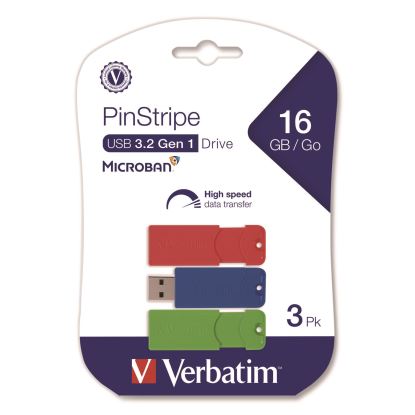 PinStripe USB 3.2 Flash Drive, 16 GB, Blue/Green/Red, 3/Pack1