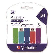 PinStripe USB 3.2 Flash Drive, 64 GB, Assorted Colors, 5/Pack1