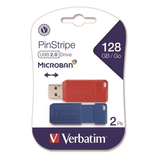 PinStripe USB 2.0 Flash Drive, 128 GB, Blue/Red, 2/Pack1