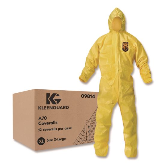 A70 Chemical Spray Protection Coveralls, Elastic Wrists, Ankles, Hood, XL, Yellow, 12/Carton1