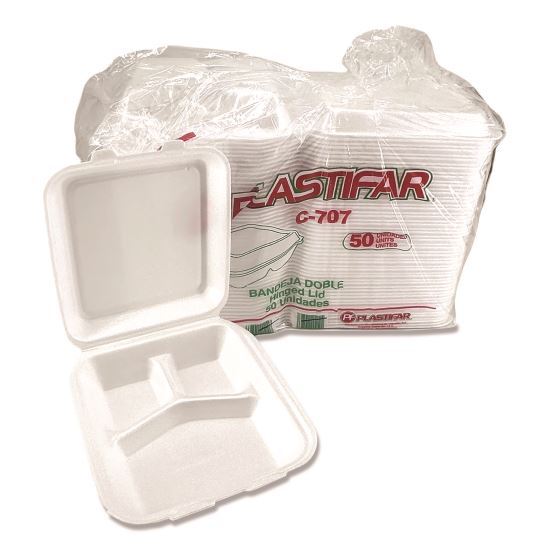 Foam Hinged Lid Containers, 3-Compartment, 7.56 x 8.25 x 2.38, White, Foam, 200/Carton1