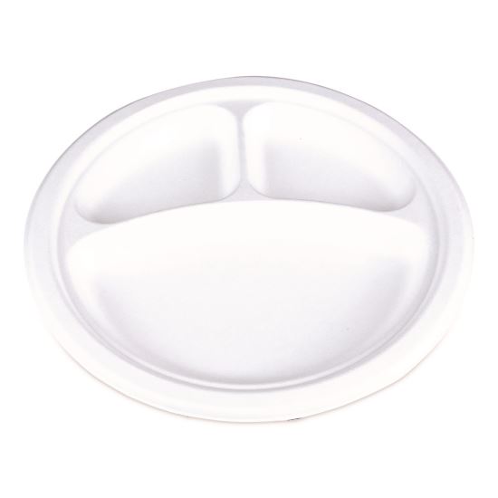 ChampWare Molded Fiber Tableware, 3-Compartment Plate, 10" dia, White, 125/Sleeve, 4 Sleeves/Carton1