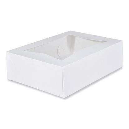 White Window Bakery Boxes with Attached Flip Top, 4-Corner Beers Design, 14 x 10 x 4, White, Paper, 100/Carton1