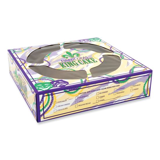 Mardi Gras King Cake Window Boxes, 10 x 10 x 2.5, Green/Purple/White, Paper, 100/Carton1