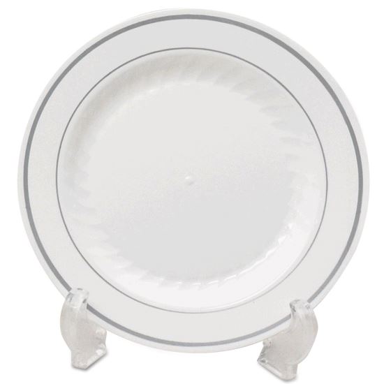 Masterpiece Plastic Dinnerware, Plate, 9" dia, White/Silver, 12/Pack, 10 Packs/Carton1