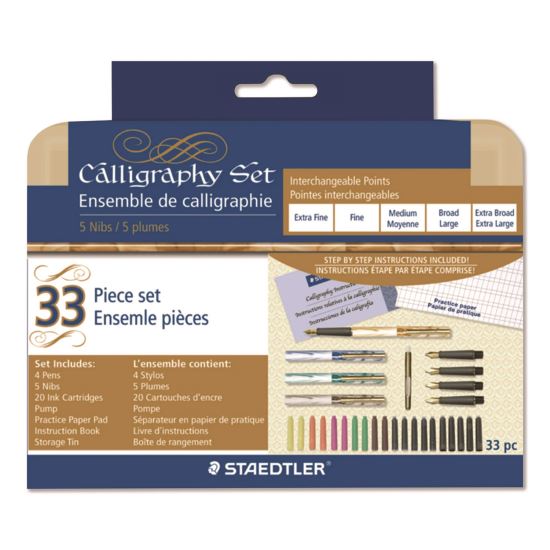 Master the Art of Calligraphy Fountain Pen Set, 33 Pieces, (5) Nib Sizes, (7) Ink Colors, (4) Barrel Colors1