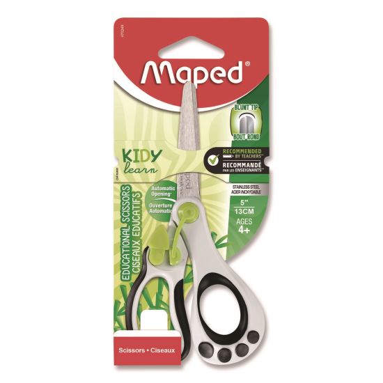 Kidy Spring-Assisted Educational Scissors Rounded Tip, 5.41" Long, 2" Cut Length, Straight White/ Black Handle1