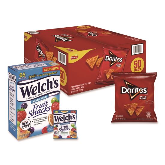 Doritos Nacho Cheese Tortilla Chips and Welch's Mixed Fruit Snacks, (50) 1oz Bag Chips, (66) 0.8 oz Pouch Fruit Snacks/Bundle1