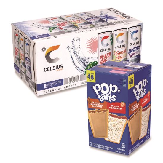 Celcius Vibe and Pop Tarts Variety Combo Pack,(18) 12oz Cans,(24) Frosted Strawberry/(24) Frosted Brown Sugar Cinnamon/Bundle1