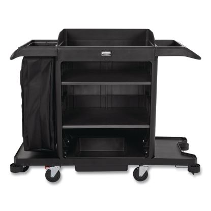 Full-Size Housekeeping Cart, Plastic, 3 Shelves, 1 Bin, 24.4 x 62.4 x 49, Black1