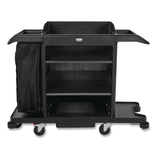 Full-Size Housekeeping Cart, Plastic, 3 Shelves, 1 Bin, 24.4 x 62.4 x 49, Black1