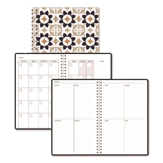Recycled Non-Dated Monthly/Weekly Planner, Flower Tiles, Tan/Black/White Cover, Undated1