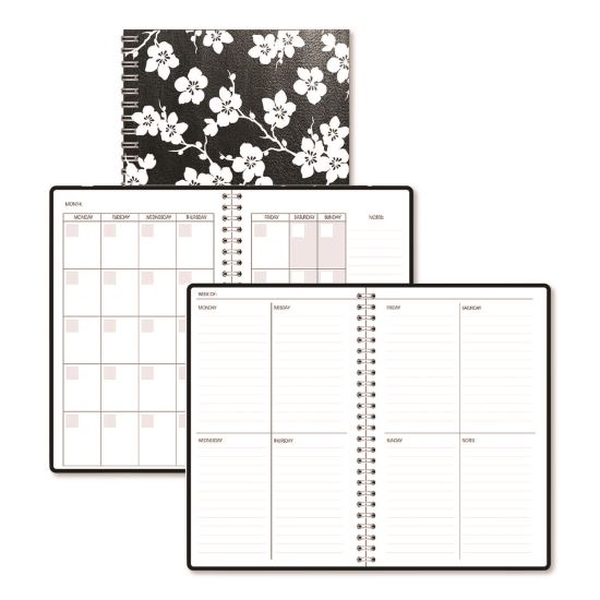 Recycled Non-Dated Monthly/Weekly Planner, Cherry Blossoms, Black/White Cover, Undated1