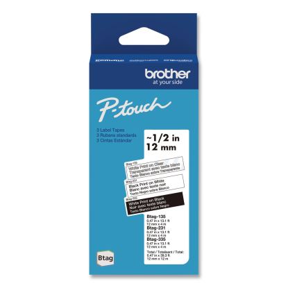 Genuine P-Touch BTAG Label Tapes, 0.47" x 13.1 ft, White on Clear, Black on White, White on Black, 3/Pack1