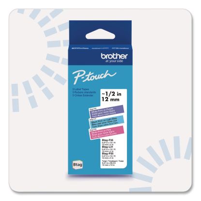 Genuine P-Touch BTAG Label Tapes, 0.47" x 13.1 ft, White on Purple, Black on Light Blue, White on Pink1