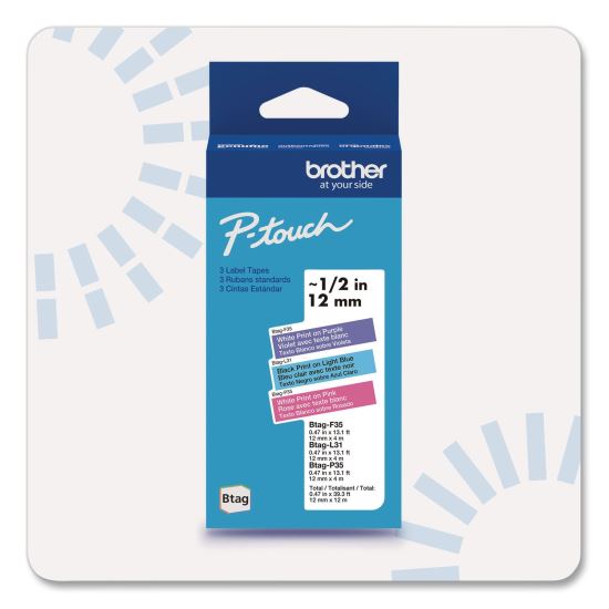 Genuine P-Touch BTAG Label Tapes, 0.47" x 13.1 ft, White on Purple, Black on Light Blue, White on Pink1