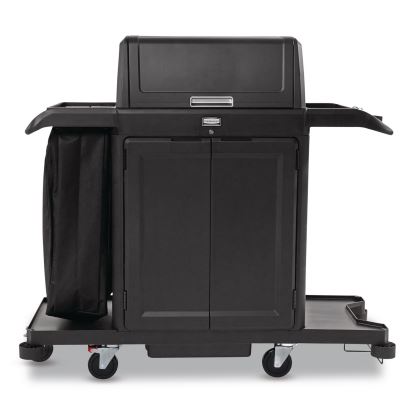 Housekeeping Cart with Hood and Doors, Plastic, 4 Shelves,1 Bin, 24.4 x 62.4 x 56.9, Black1