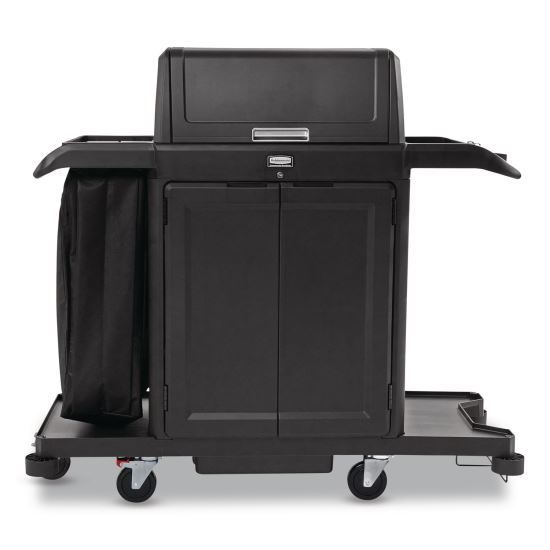 Housekeeping Cart with Hood and Doors, Plastic, 4 Shelves,1 Bin, 24.4 x 62.4 x 56.9, Black1