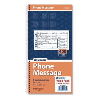Wirebound Telephone Message Book, Two-Part Carbonless, 4.75 x 2.5, 4 Forms/Sheet, 400 Forms Total, 2/Pack1