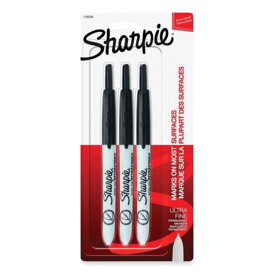 Retractable Permanent Marker, Extra-Fine Needle Tip, Black, 3/Pack1
