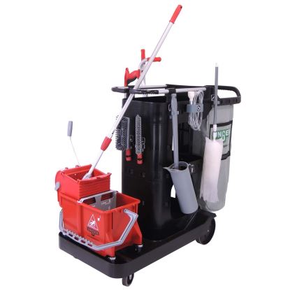 RestroomRx Janitorial Carts with 16 Qt Bucket, Plastic, 2 Shelves, 23.5 x 19 x 25, Black1