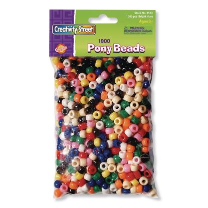 Pony Beads, Plastic, 0.24" x 0.35", Assorted Bright Hues, 1,000/Pack1
