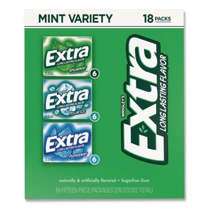 Extra Mint Variety Sugar-Free Gum, Peppermint/Polar Ice/Spearmint, 15 Sticks/Pack, 18 Packs/Carton1