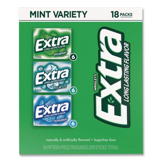 Extra Mint Variety Sugar-Free Gum, Peppermint/Polar Ice/Spearmint, 15 Sticks/Pack, 18 Packs/Carton1