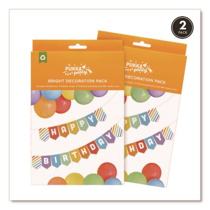 Happy Birthday Balloon/Bunting Party Pack,12 Balloons/2 Balloon Strips/17 Bunting Pennants, 18ft Cord, Assorted Colors, 2/Box1