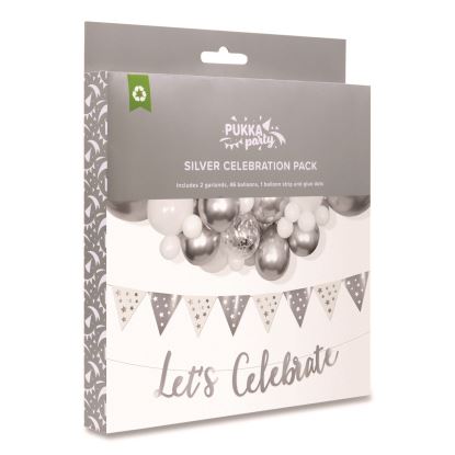 Silver and White Balloon Arch/Garland Party Pack, 46 Balloons, Balloon Strip, 2 Garlands, Glue Dots, Let's Celebrate Message1