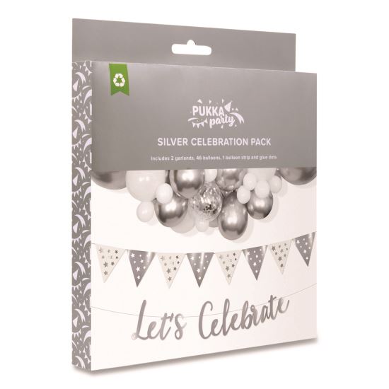 Silver and White Balloon Arch/Garland Party Pack, 46 Balloons, Balloon Strip, 2 Garlands, Glue Dots, Let's Celebrate Message1