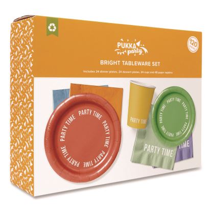 Birthday Tableware Pack, 24 Cups, 24 Dessert Plates, 24 Dinner Plates, 48 Paper Napkins, Assorted Colors, 120 Pieces/Kit1